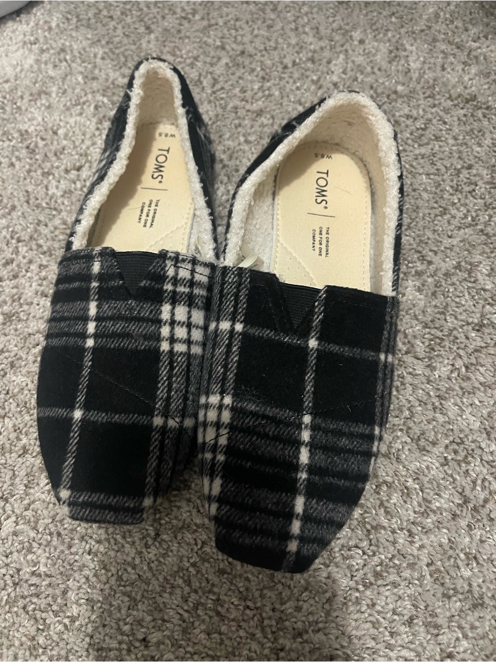TOMS Black & White Plaid Lined Slip-Ons
